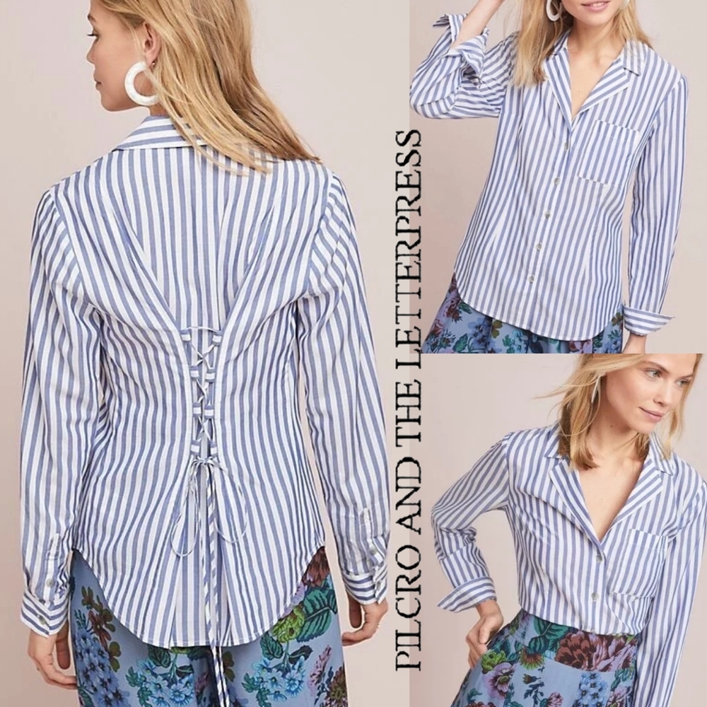 ANTHROPOLOGIE Pilcro and the Letterpress Blue White Striped Button Down Shirt